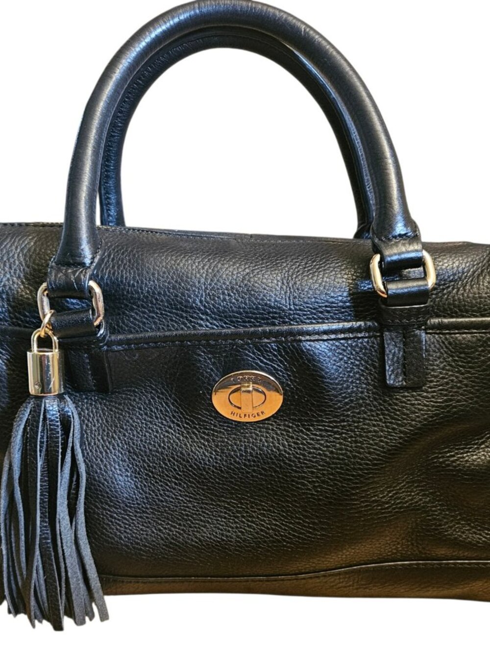 Tommy Hilfiger Black Pebbled Faux Leather Satchel Tassel Top Handle Bag